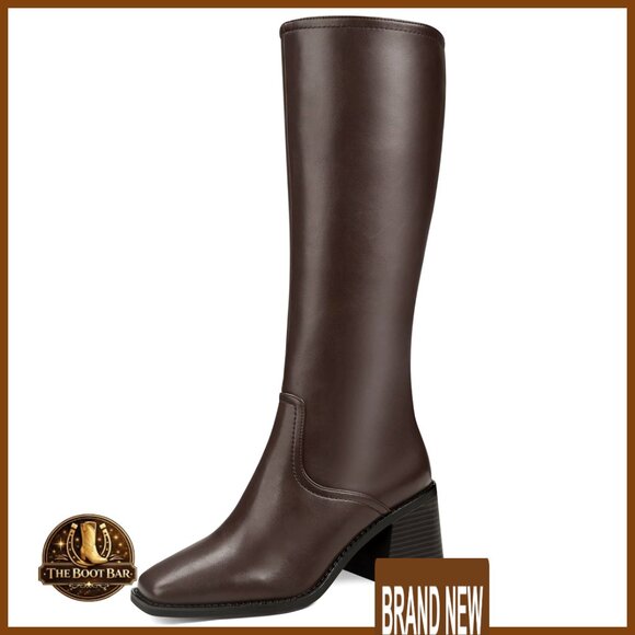 Shoes - Knee High Boots Faux Leather Square Toe Chunky Heel Elastic Shaft Side Zipper